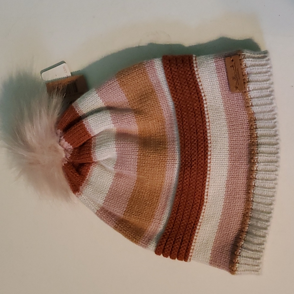 New Milly neck headwear kid's pink and tan striped knit pom-pom hat